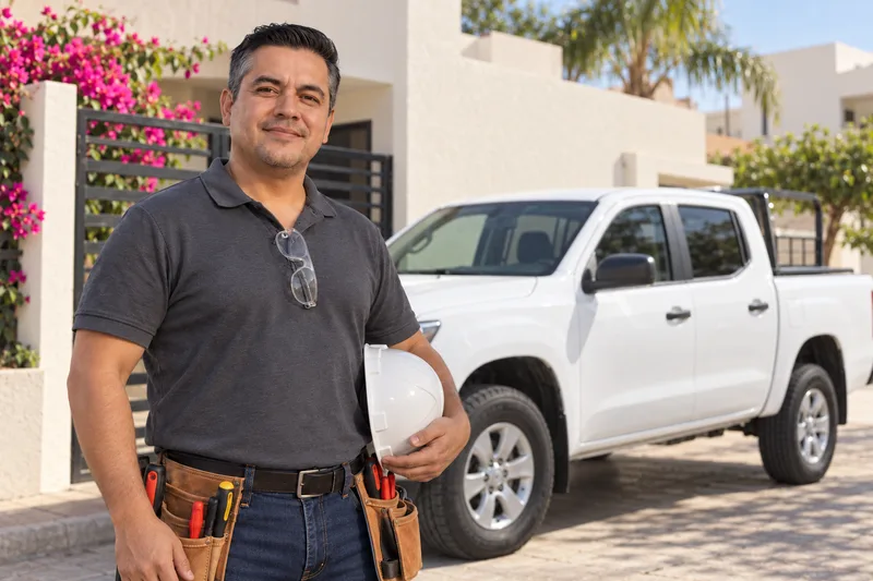 Electricista de uniforme gris con casco en la mano, junto a su camioneta blanca frente a una casa de Culiacán